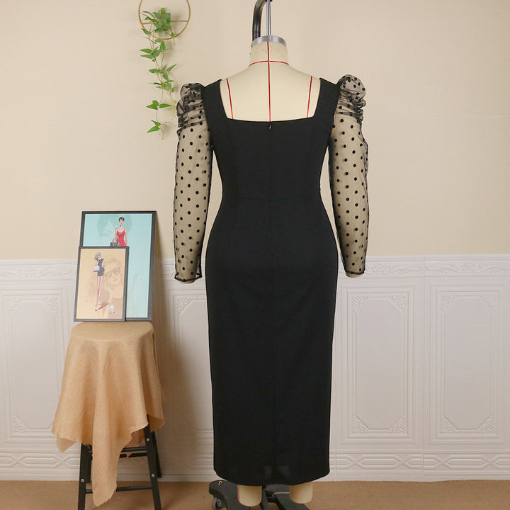 Damen elegantes Midi-Kleid mit transparenten Puffärmeln und zartem Rüschenakzent Drune