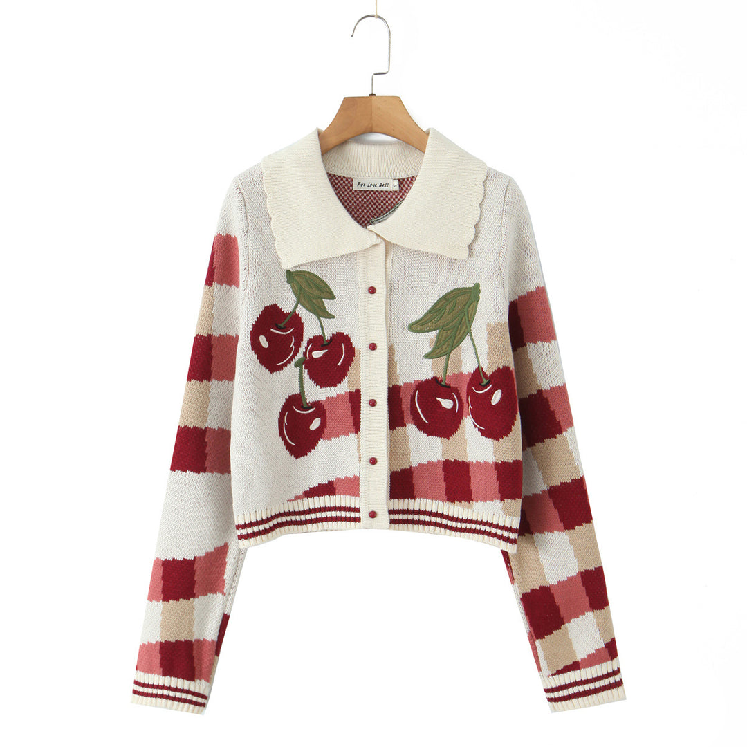 Damen verspielte Cropped Strickjacke mit floralem Kirschmuster Drune