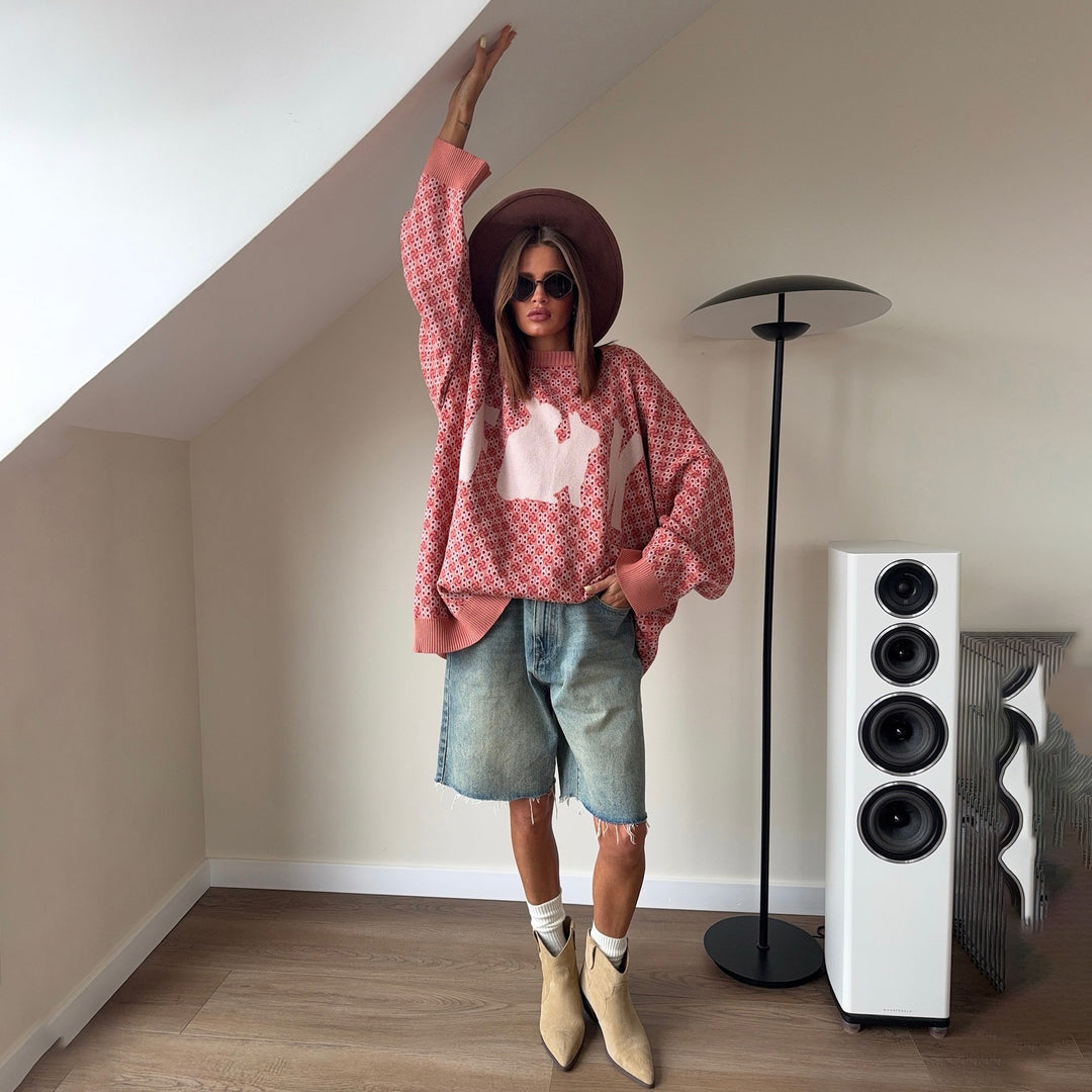 Damen Oversized Strickpullover mit kreativem Motiv Drune