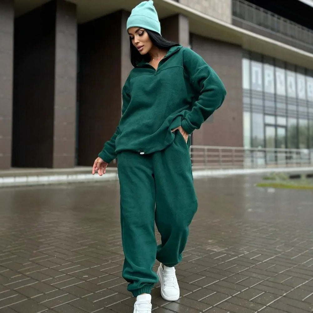Damen Kuscheliges Fleece-Loungewear-Set mit Halb-Reißverschluss und elastischem Bund Drune