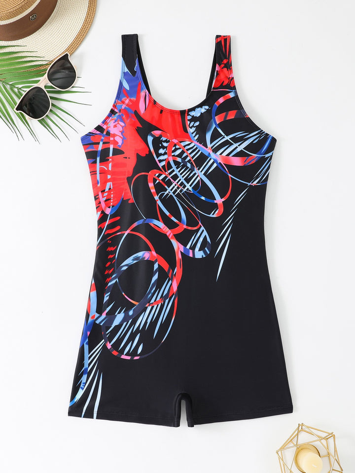 Damen Einteiliger Schwimmanzug mit hohem Hals und buntem Grafikdesign Drune