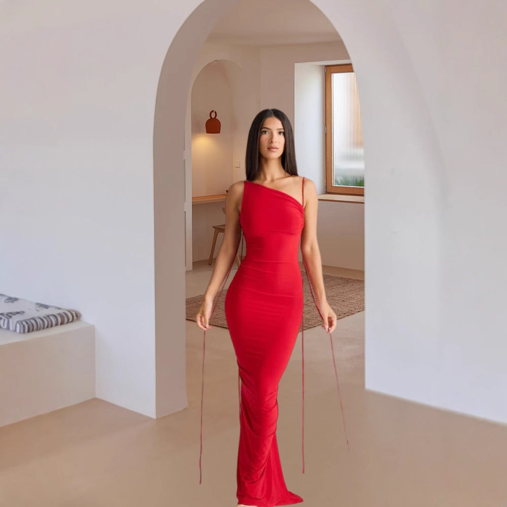 Damen Elegantes Rückenfreies Maxikleid mit raffinierten Bindebändern Drune