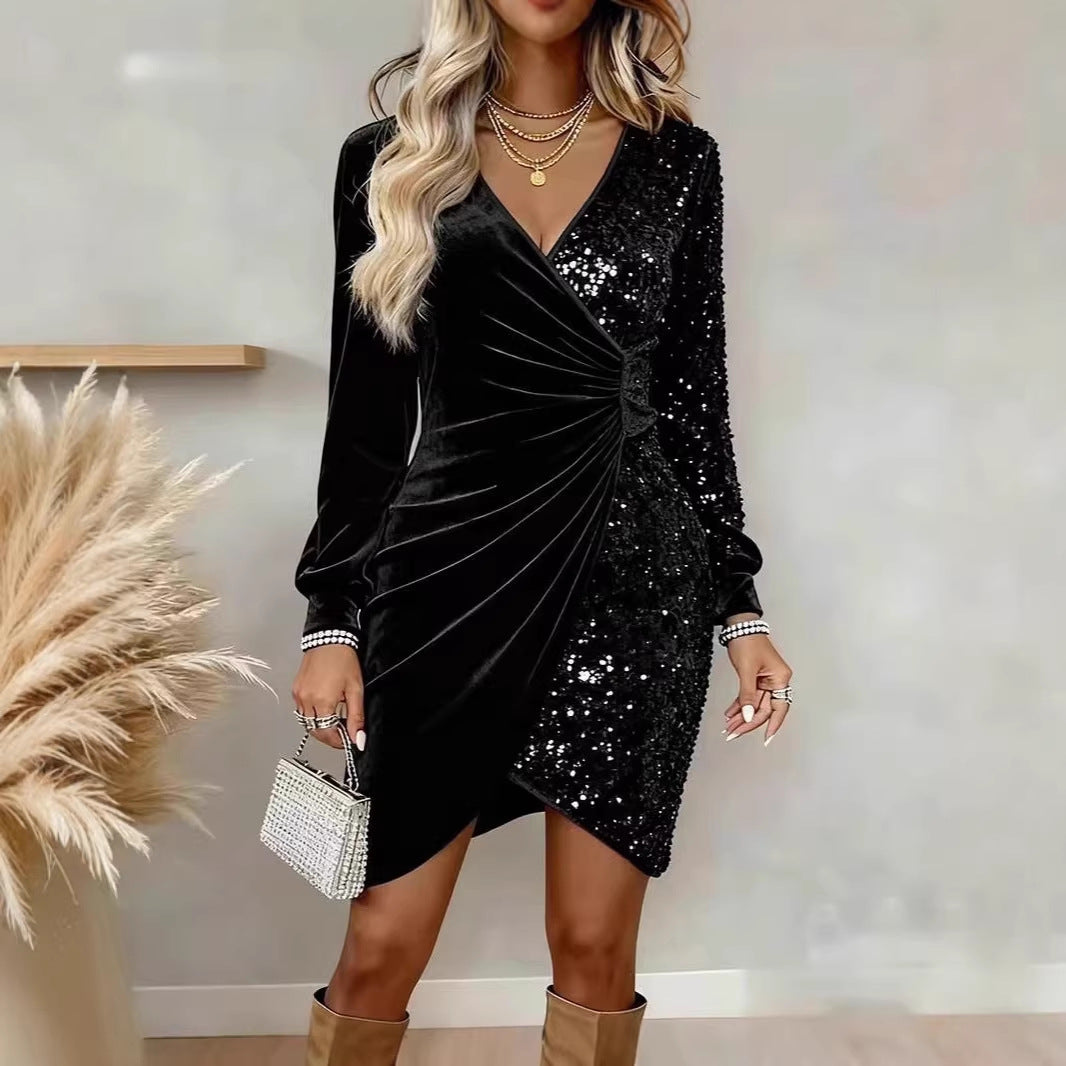 Damen Glamouröses Wickelkleid mit Pailletten und schimmernden Details Drune