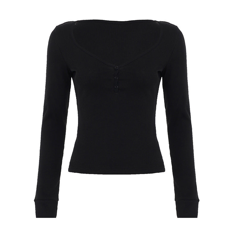 Damen nan figurbetontes geripptes Langarm-Henley-Top mit tiefem V-Ausschnitt und Knopfleiste Drune