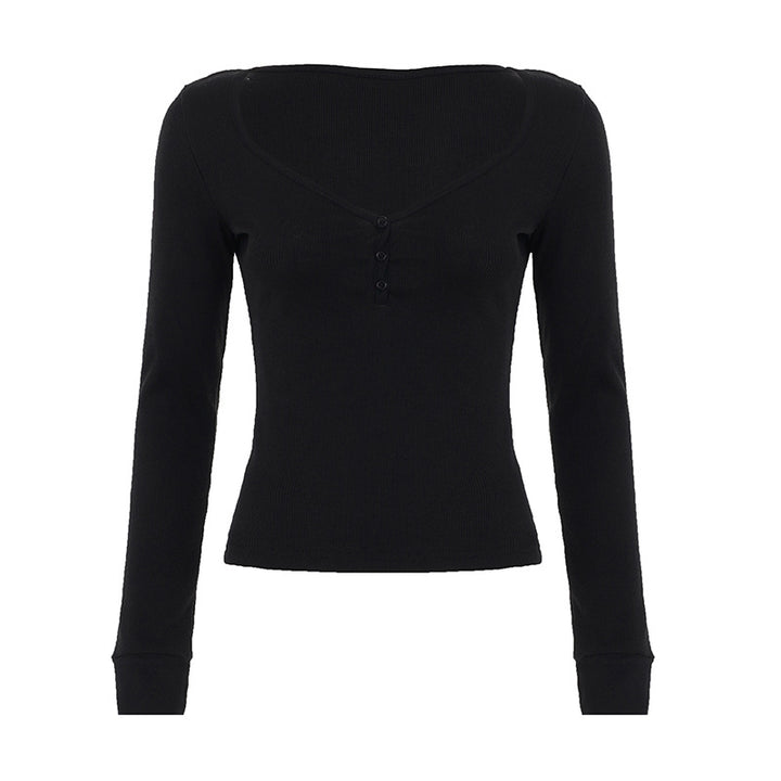 Damen nan figurbetontes geripptes Langarm-Henley-Top mit tiefem V-Ausschnitt und Knopfleiste Drune