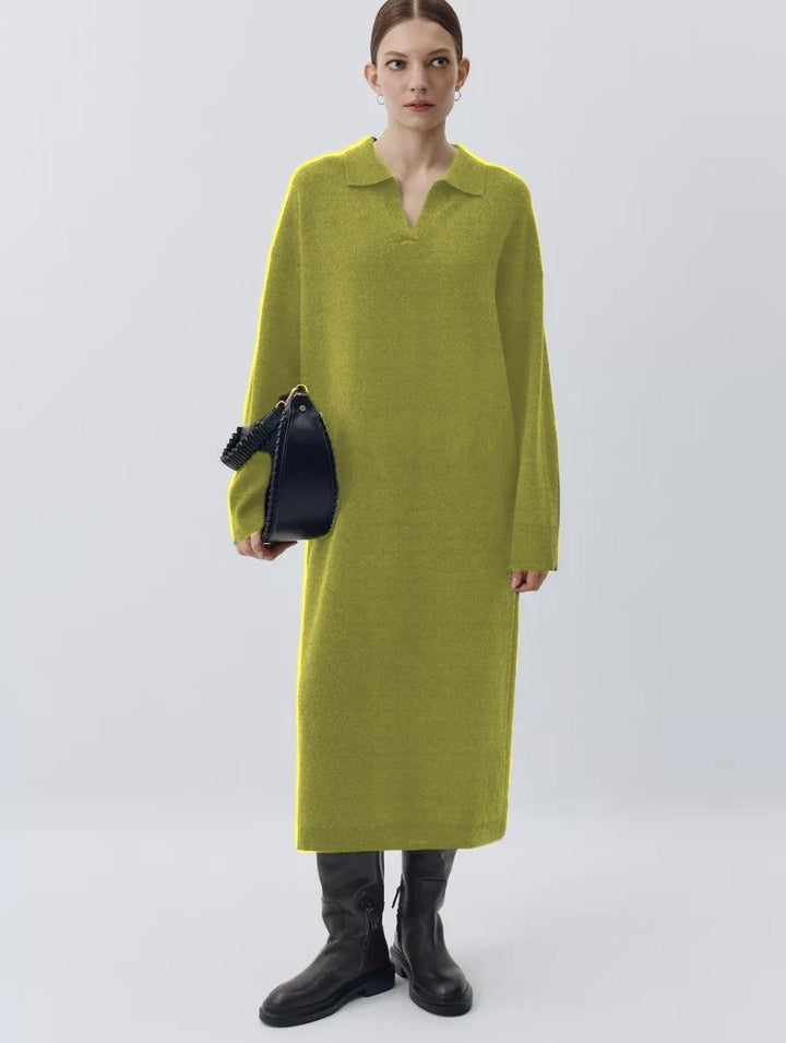 Damen Übergröße Strickkleid mit modernem Polokragen und langen Ärmeln Drune