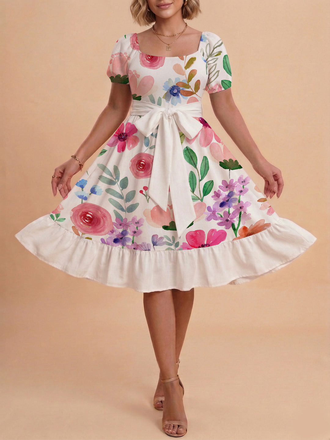Damen elegantes Maxikleid mit floralem Design und Taillengürtel Drune