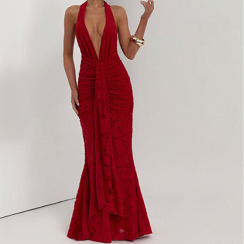 Damen Elegantes, figurbetontes Abendkleid mit tiefem V-Ausschnitt und Rüschendetails Drune