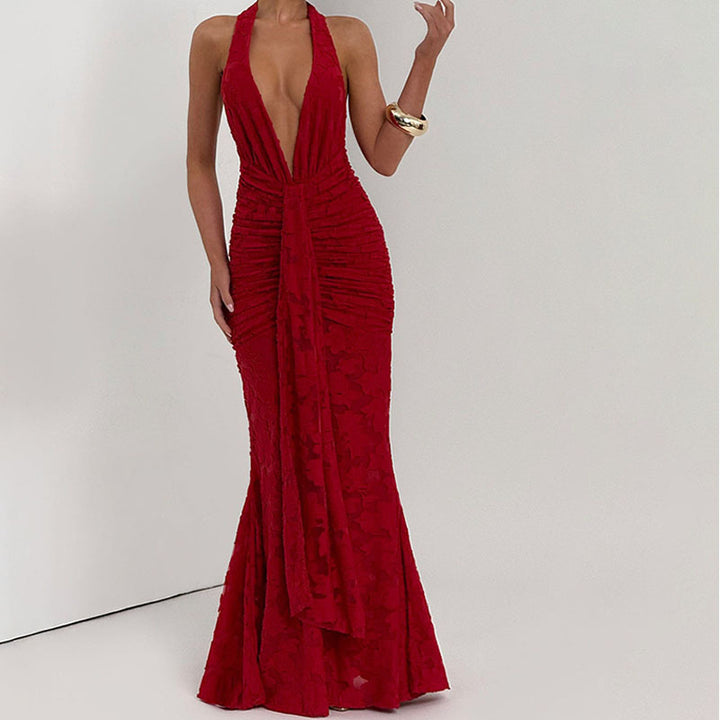 Damen Elegantes, figurbetontes Abendkleid mit tiefem V-Ausschnitt und Rüschendetails Drune
