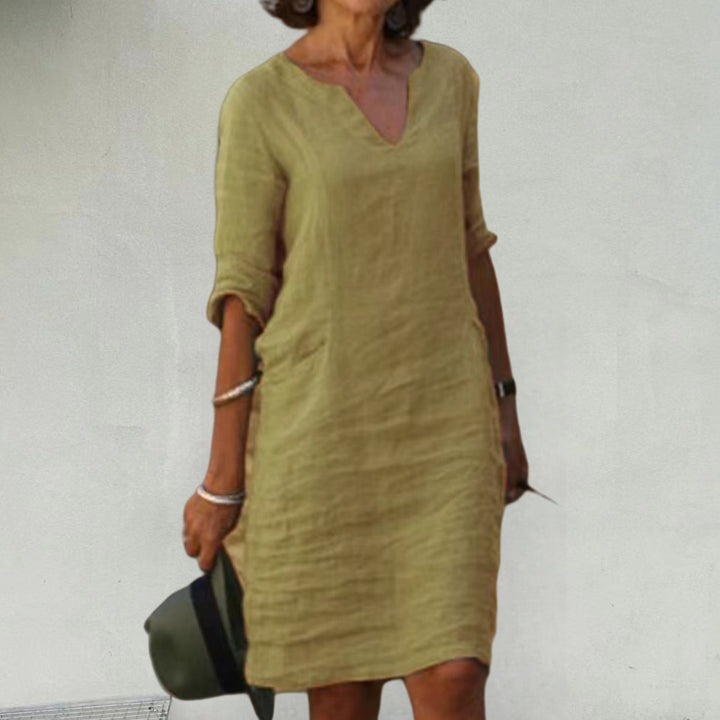 Damen Leichtes Sommerkleid mit eleganter V-Ausschnitt-Front und praktischen Seitentaschen Drune