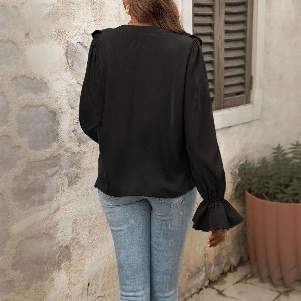 Damen Bluse mit eleganten Rüschendetails und schickem V-Ausschnitt Drune