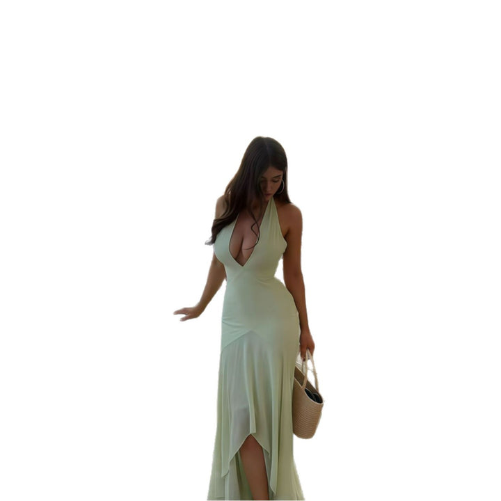 Damen Abendkleid mit tiefem V-Ausschnitt und fließendem Wasserfall-Saum Drune