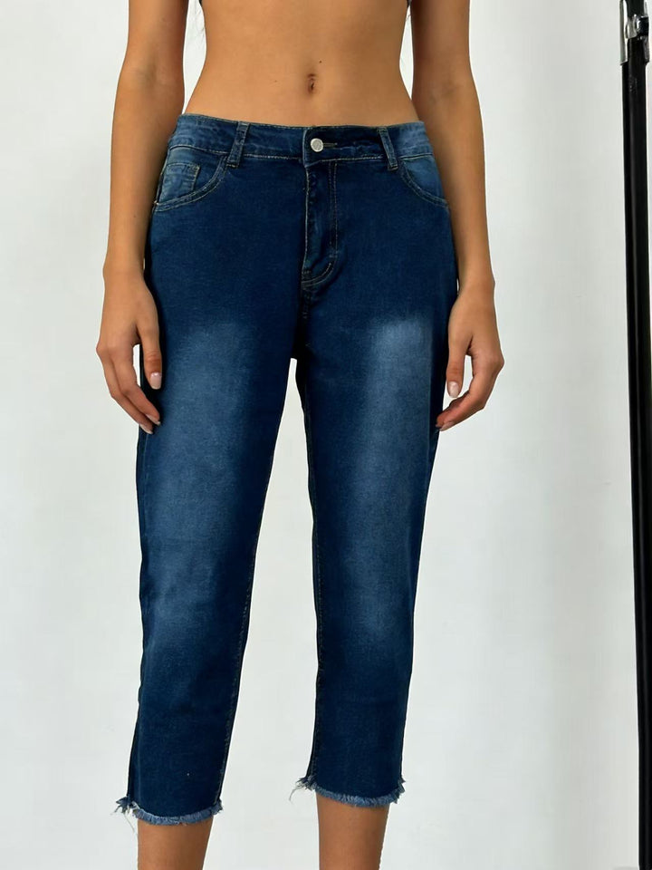Damen lässige High-Waist Jeans mit fransigem Saum und angesagtem Schnitt Drune