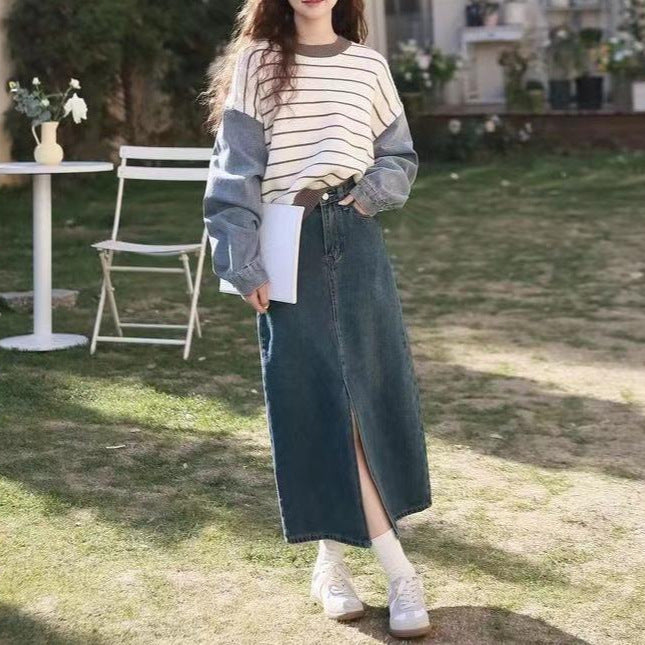 Damen modischer Sweater mit Denim-Ärmeln Drune