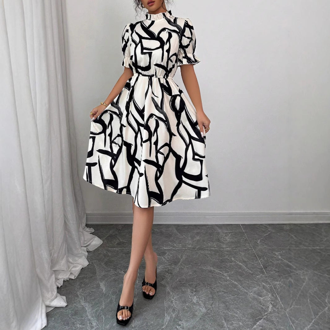 Damen Elegantes Midi-Kleid mit modischem Pflanzenmuster und Gummizug in der Taille Drune