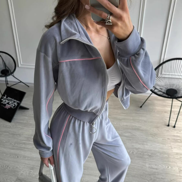 Damen Sportliches Velours-Joggingset mit hohem Kragen und Reißverschluss Drune