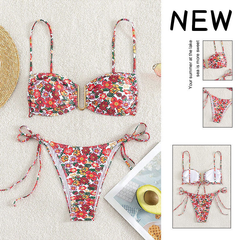Damen Floral Bikini-Set mit verstellbaren Trägern und dekorativem Bindeband Drune
