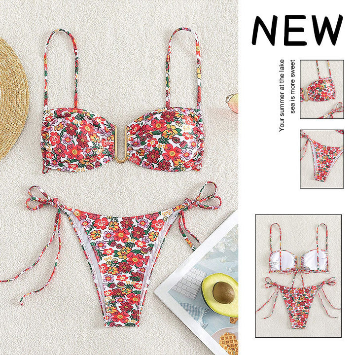 Damen Floral Bikini-Set mit verstellbaren Trägern und dekorativem Bindeband Drune