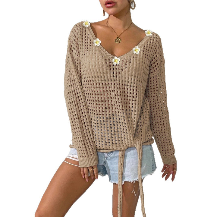 Damen luftiger Strickpullover mit floralem Dekor Drune