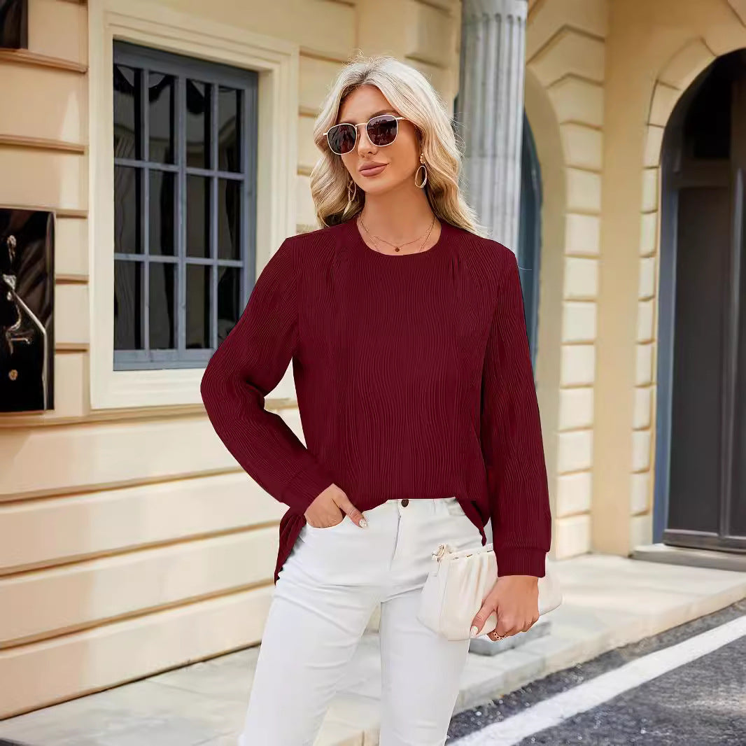 Damen Elegante Langarmbluse mit feinem Rippstruktur und modischen Seitenschlitzen Drune