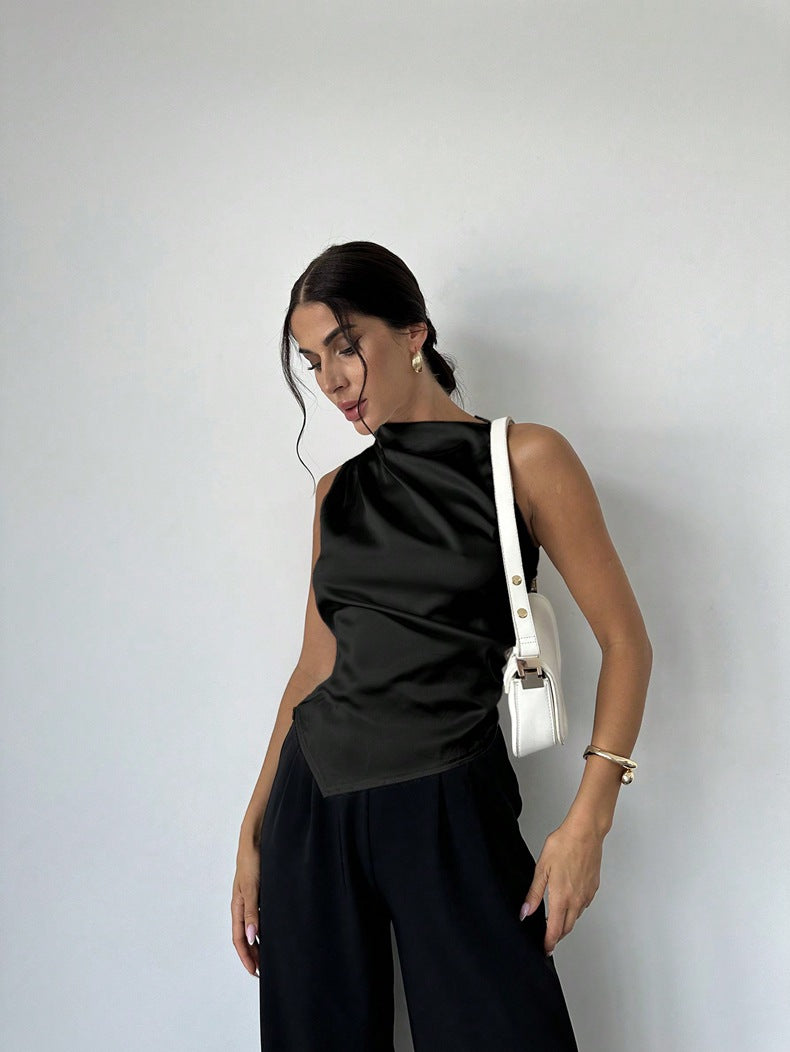 Damen elegantes, tailliertes Satinoberteil mit asymmetrischem Saum Drune