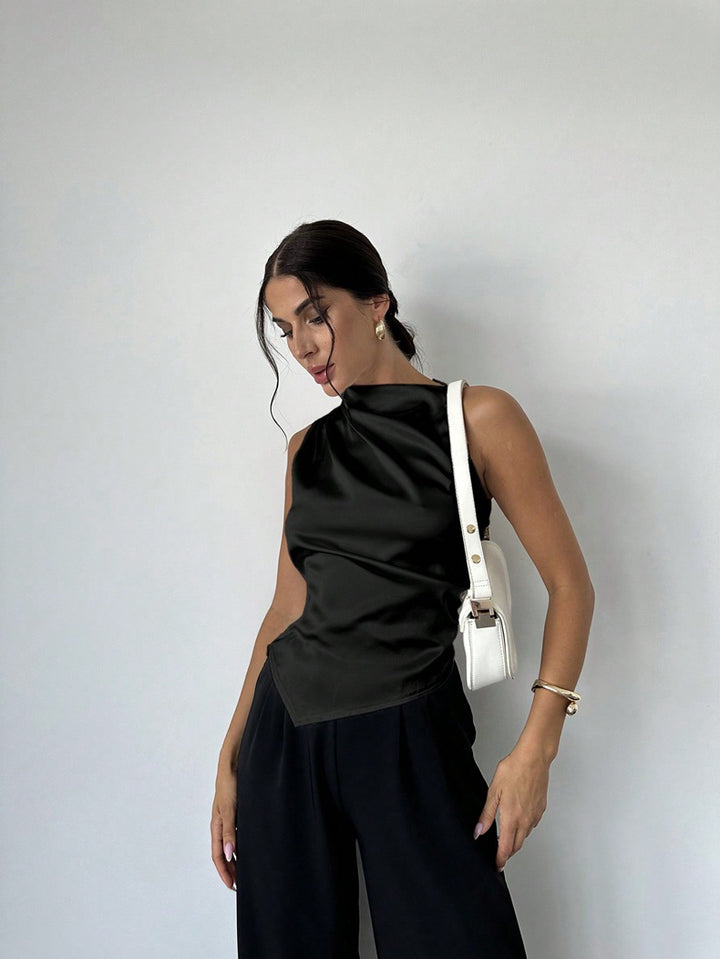 Damen elegantes, tailliertes Satinoberteil mit asymmetrischem Saum Drune
