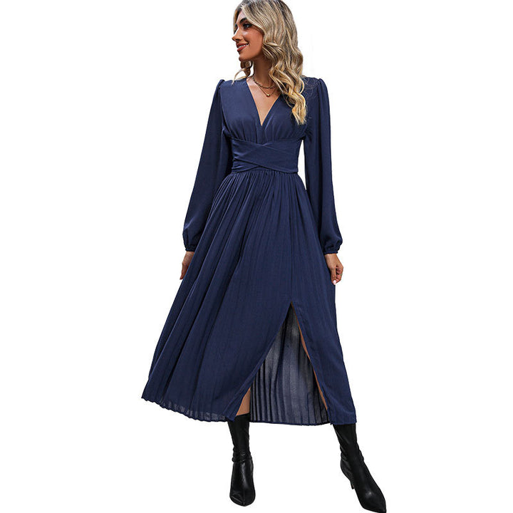 Damen elegantes Maxikleid mit V-Ausschnitt und voluminösen Ärmeln Drune