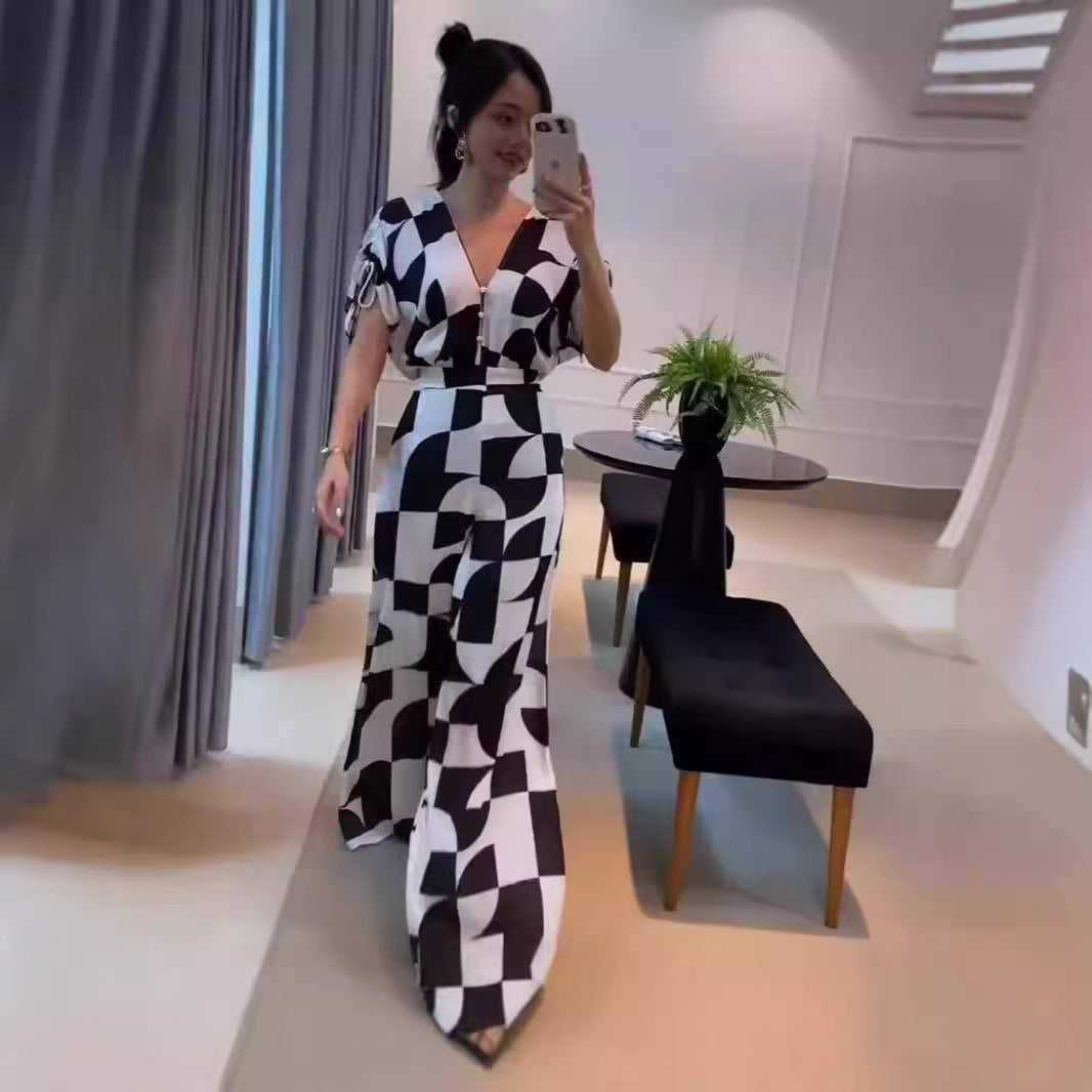 Damen Modischer Jumpsuit mit grafischem Muster und eleganten Ärmeln Drune