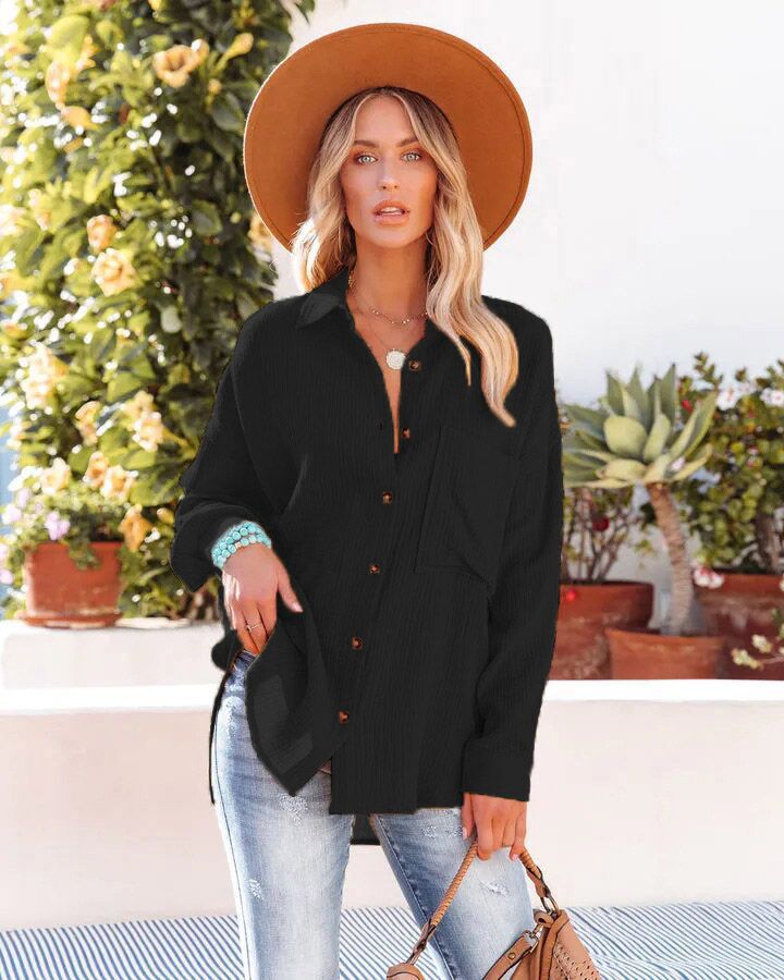 Damen lässige Bluse im Oversized Schnitt mit Knopfleiste und praktischen Taschen Drune