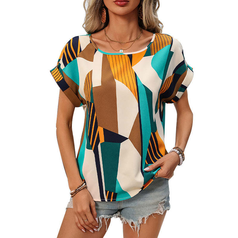 Damen stilvolles Kurzarm-Top mit modernem geometrischen Muster Drune