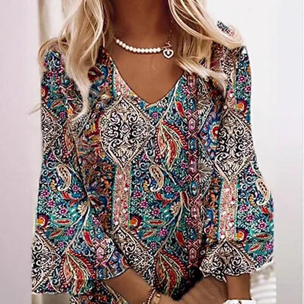 Damen nan Boho-Paisley-Tunikakleid mit V-Ausschnitt und dreiviertel Glockenärmeln Drune