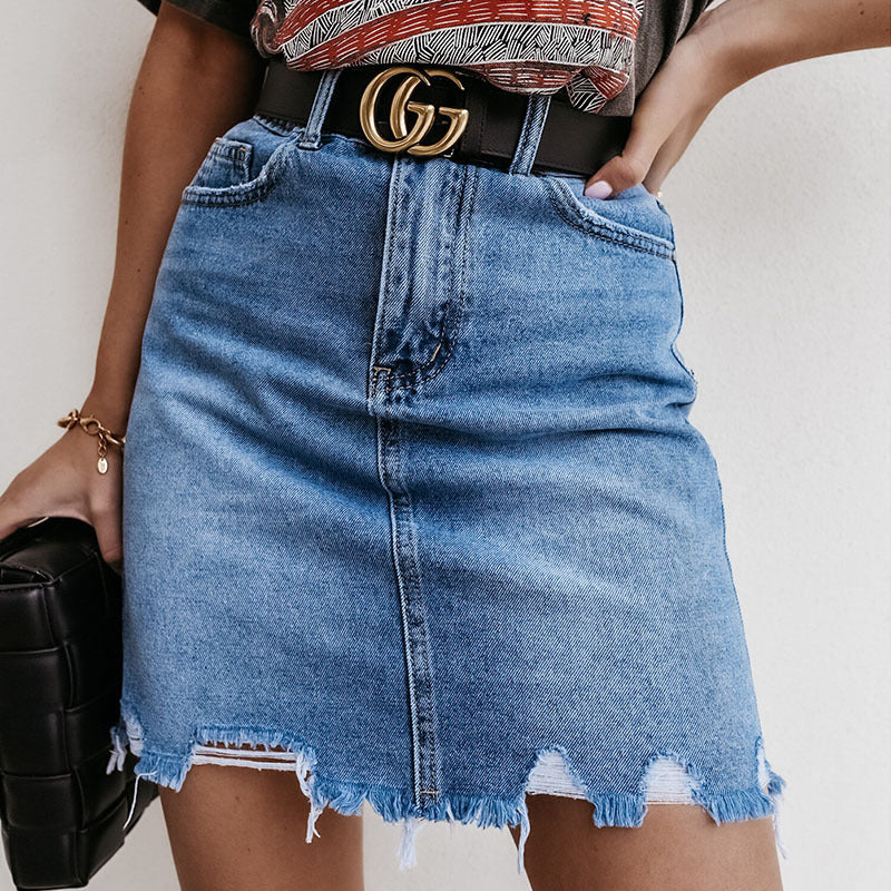 Damen Denim Miniröcke im Vintage-Stil mit fransigem Saum Drune