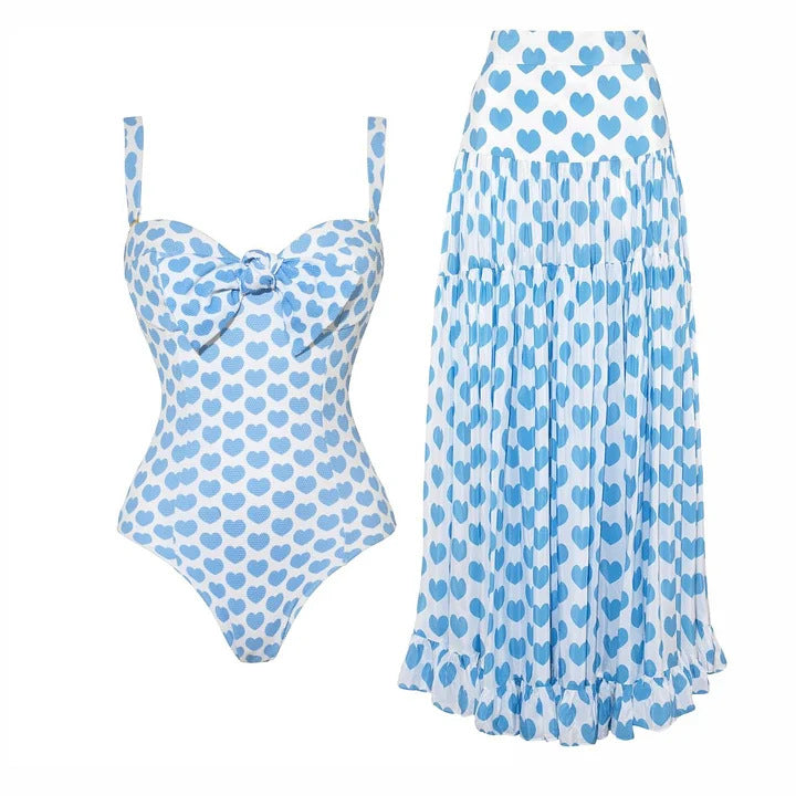 Damen Bikiniset mit herzförmigen Mustern und Rüschenrock Drune