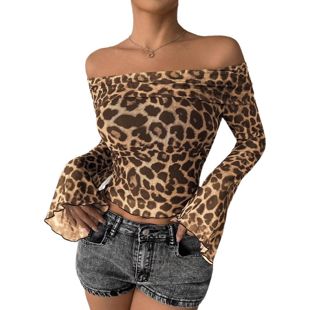 Damen nan tailliertes schulterfreies Netz-Crop-Top mit Leopardenmuster und ausgestellten Ärmeln Drune