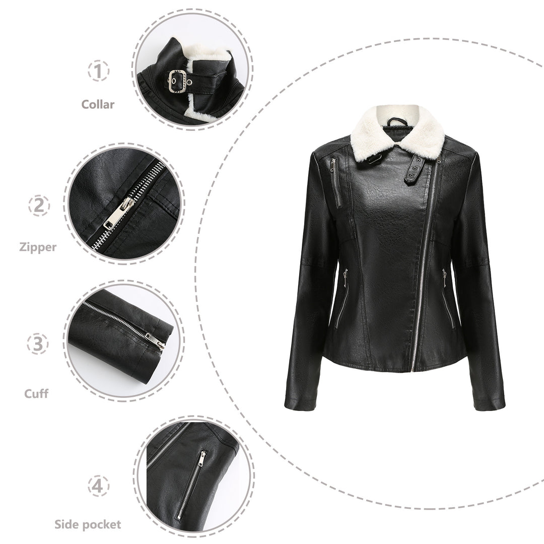 Damen nan taillierte Kunstleder-Bikerjacke mit abnehmbarem Kunstfellkragen und schrägem Reißverschluss Drune