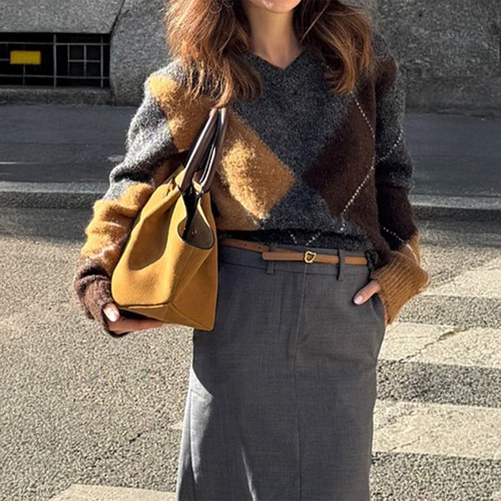 Damen nan oversized Argyle-Strickpullover mit kastigem Schnitt und geripptem Rundhalsausschnitt Drune