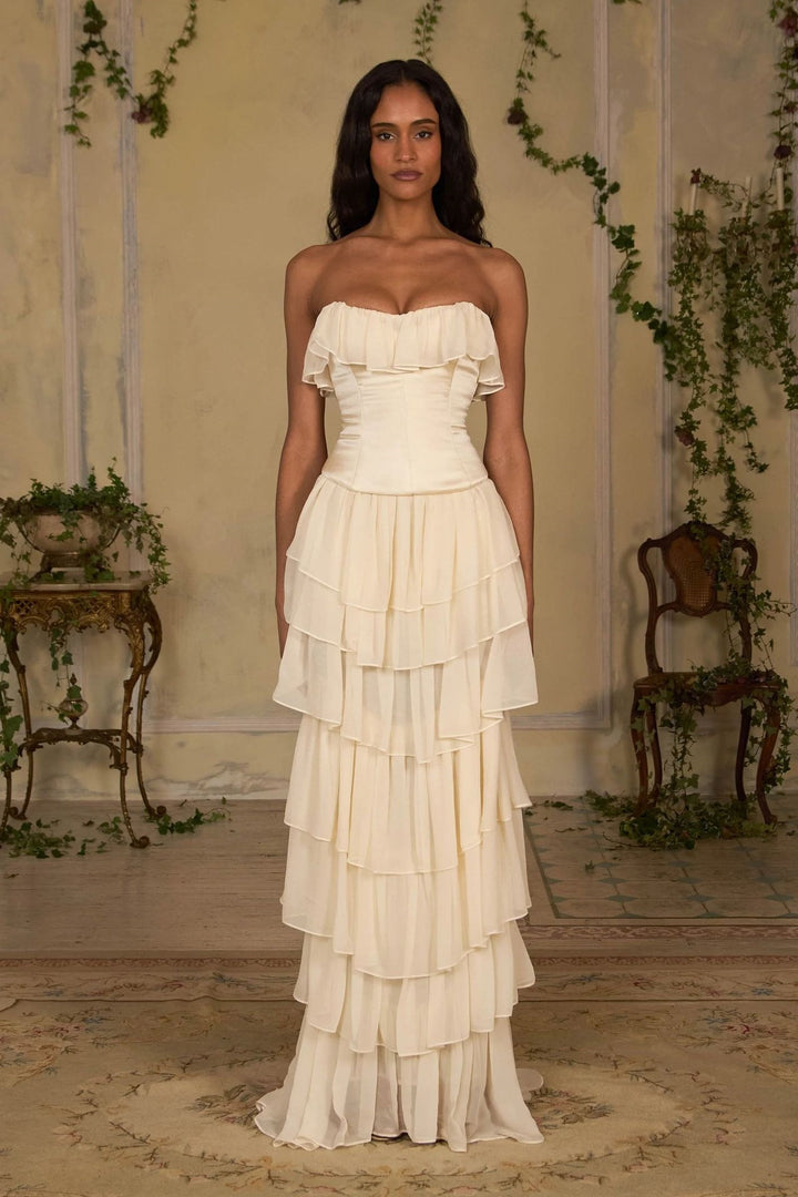 Damen Elegantes, schulterfreies Maxikleid mit fließenden Rüschen Drune