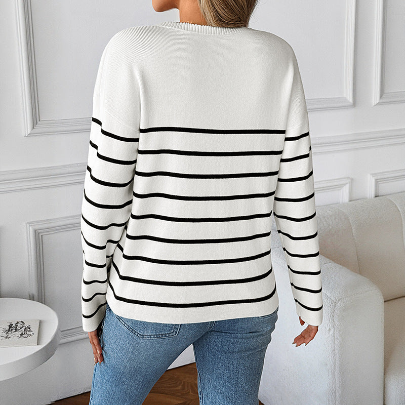 Damen Strickpullover mit V-Ausschnitt und modischem Streifenmuster Drune