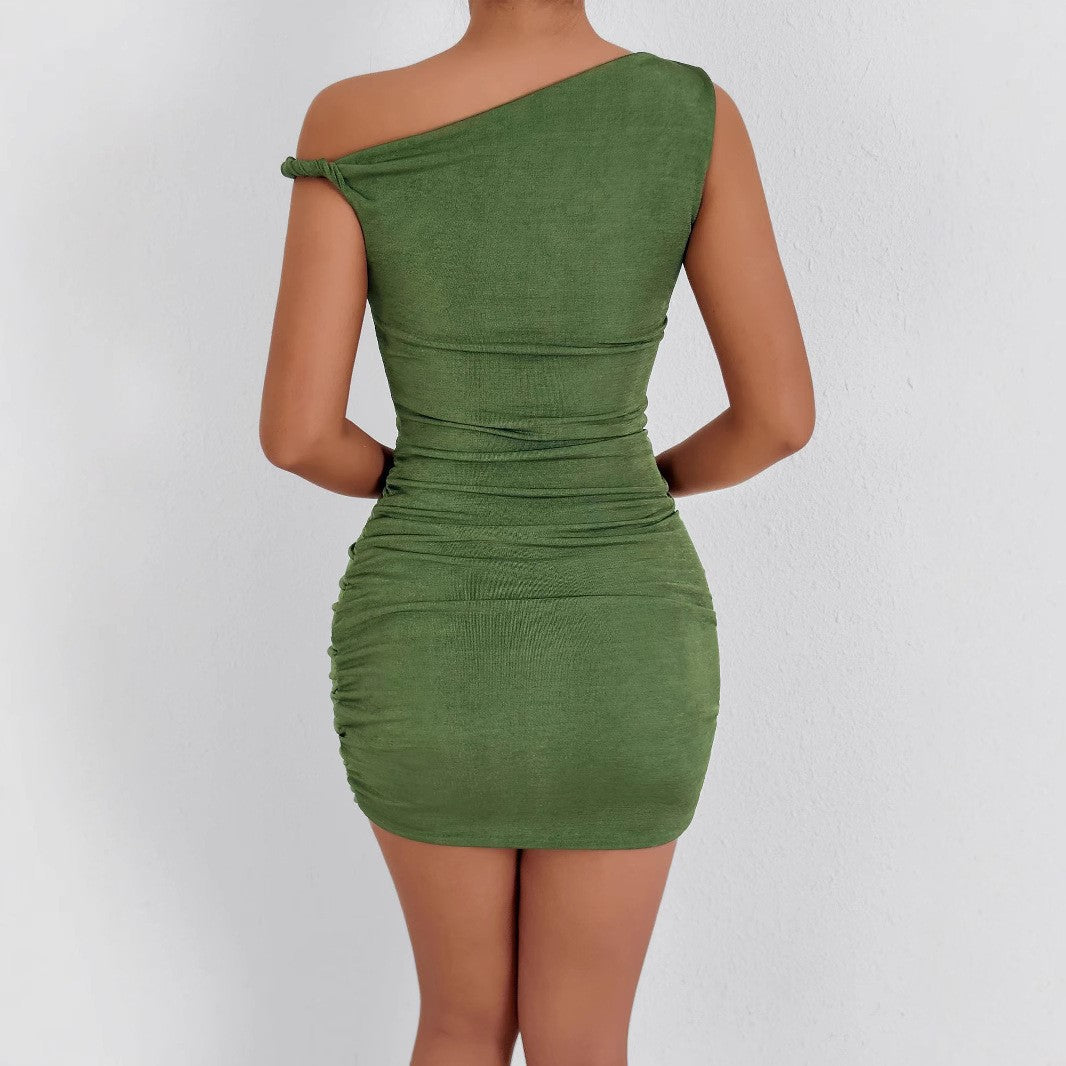 Damen gerafftes Minikleid mit asymmetrischem Ausschnitt und figurbetontem Schnitt Drune