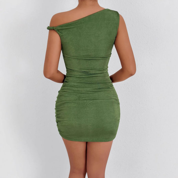 Damen gerafftes Minikleid mit asymmetrischem Ausschnitt und figurbetontem Schnitt Drune
