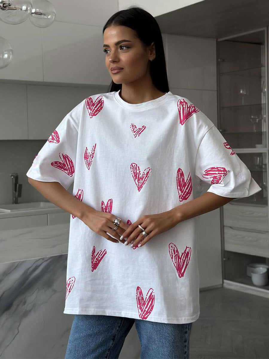 Damen Lässiges T-Shirt mit Herzmotiven und weit geschnittenem Schnitt Drune