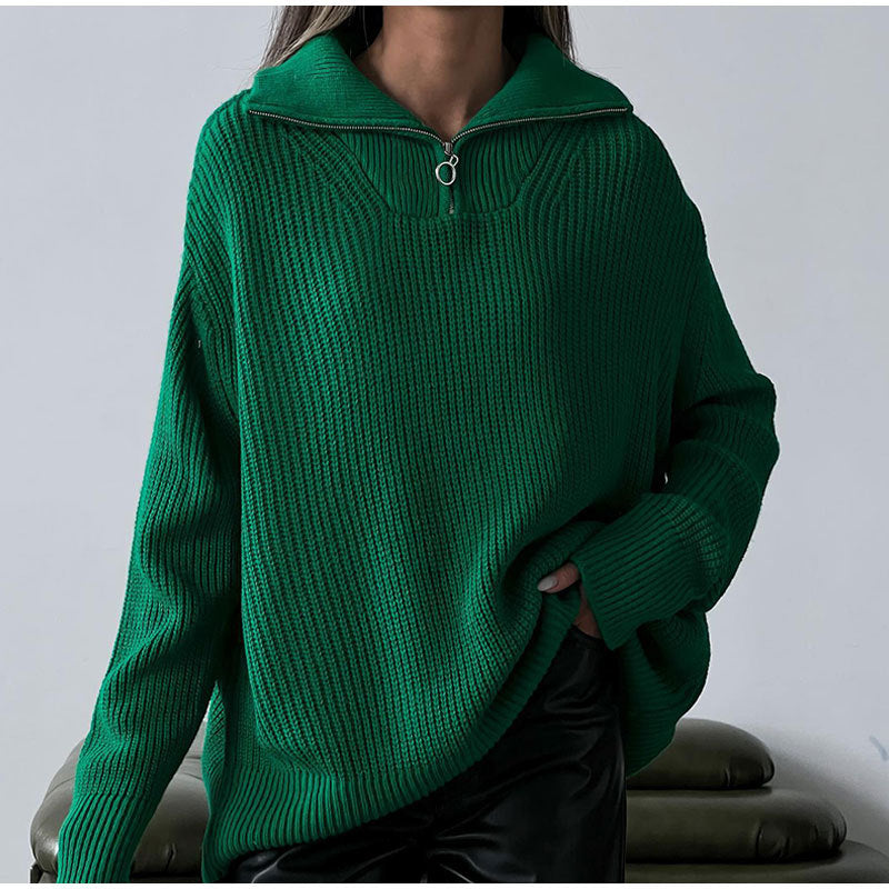 Damen Oversized Strickpullover mit stehendem Kragen und Reißverschluss Drune