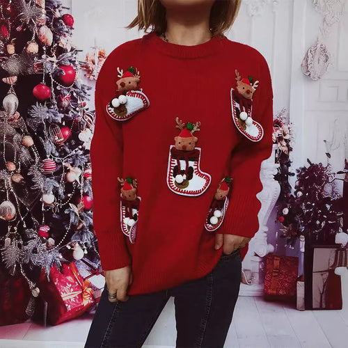 Damen Weihnachts-Strickpullover mit festlichem Rentier-Motiv und 3D-Details Drune