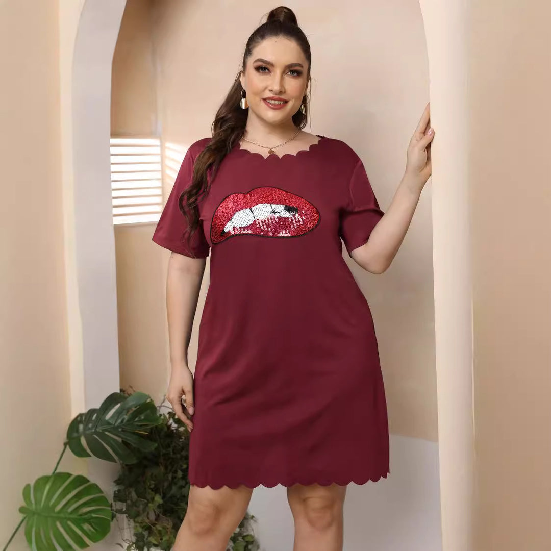 Damen lässiges Freizeitkleid mit verspieltem Lippen-Motiv Drune