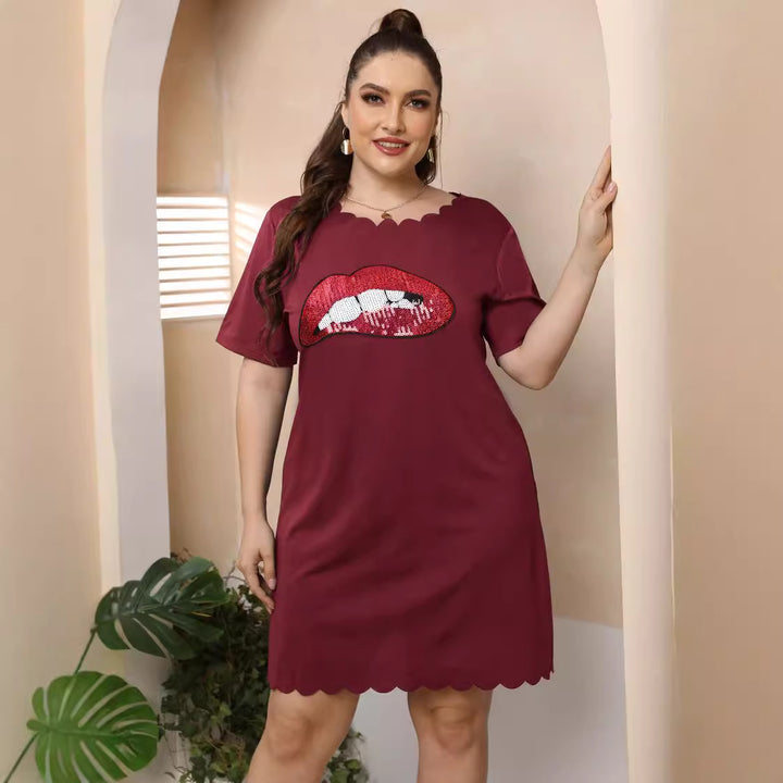 Damen lässiges Freizeitkleid mit verspieltem Lippen-Motiv Drune