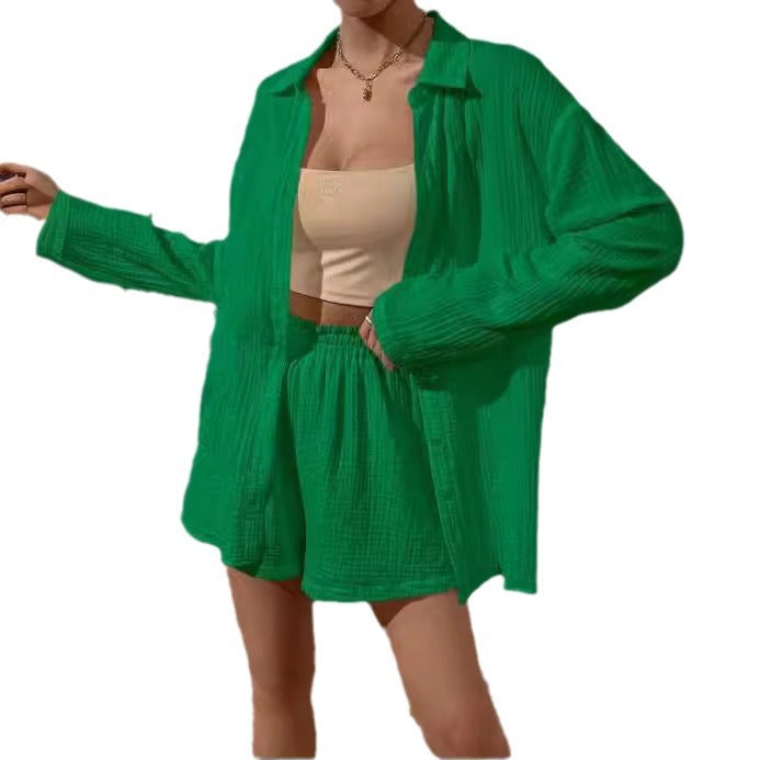 Damen nan luftig-leichter Zweiteiler Lounge-Set aus Baumwoll-Gauze mit Hemdbluse und elastischer Taillen-Shorts Drune