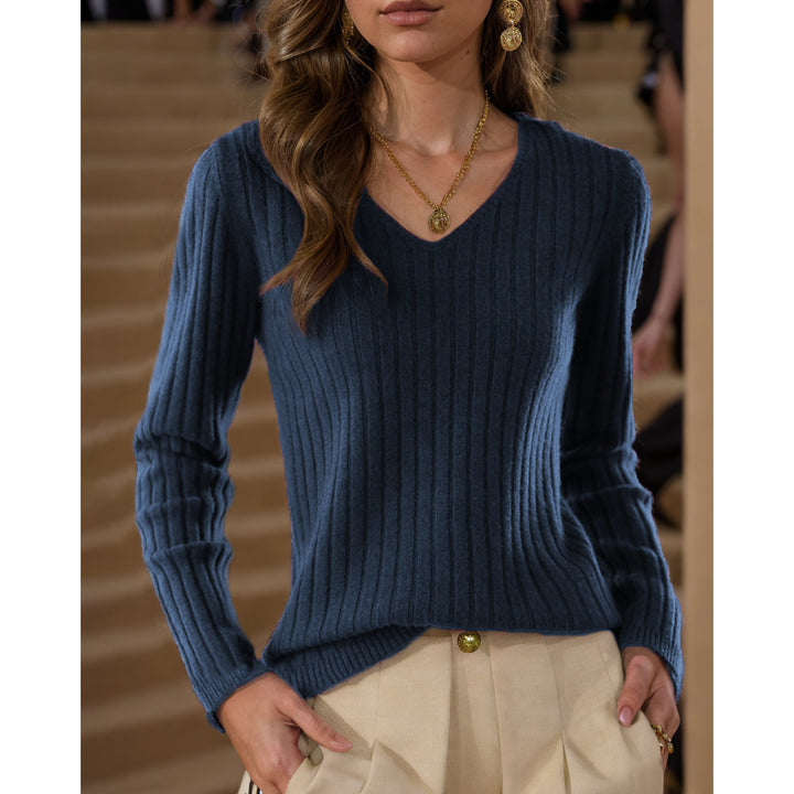 Damen Strickpullover mit V-Ausschnitt und feinem Rippenstrickdesign Drune