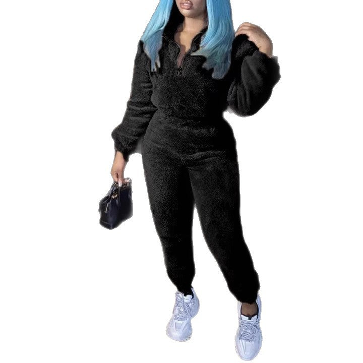 Damen nan kuscheliges Teddy-Lounge-Set mit Halbzip und Highwaist-Jogger Drune