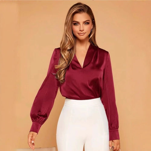 Damen Satinbluse mit elegantem V-Ausschnitt und weiten Ärmeln Drune