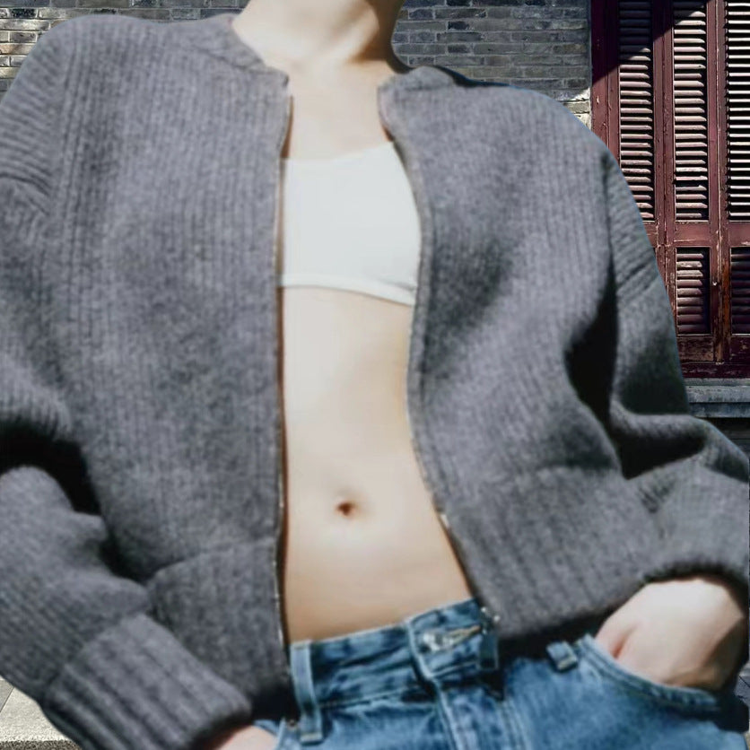 Damen lässiger Strickjacke mit hochgeschlossenem Reißverschluss und voluminösen Ärmeln Drune